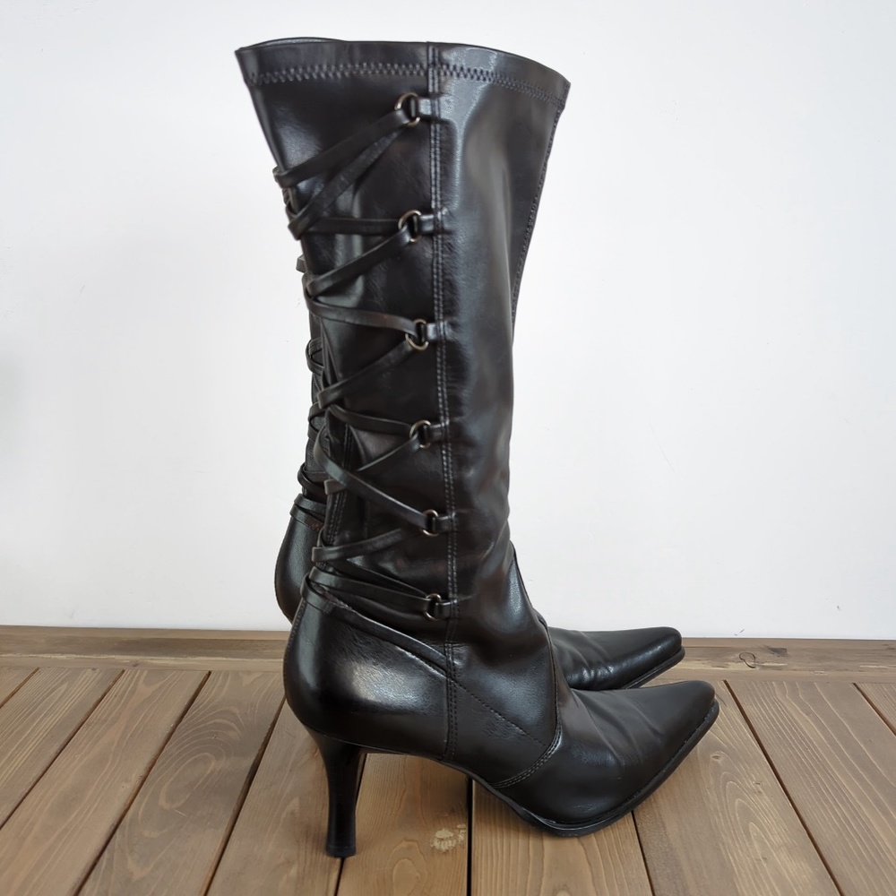 Franco Sarto Women’s Tall Black Shiny Faux Leather Back Lacing Pointed Boots